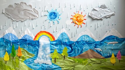 Obraz premium Papercraft Landscape with Rain, Sun, and Rainbow.