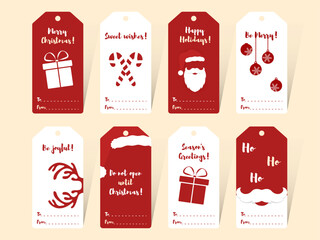 Сollection of Christmas and New Year gift tags featuring festive inscriptions and spaces for 'To' and 'From' messages. Perfect for adding a personal touch to your holiday presents!