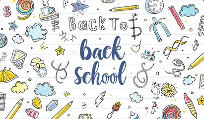 Line art drawing of "back to school" surrounded by classic school symbols.
