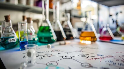 Chemistry Lab with Beaker and Diagram.