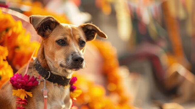 A Kukur Tihar banner from Nepal, showing garlanded and honored dogs, the festive setting blurred slightly for text at the top. 