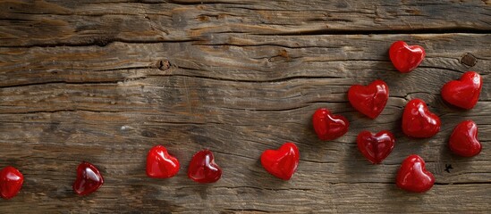 Wooden surface showcasing heart-shaped red candies with a generous copy space image available.