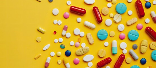 Various medications displayed on a yellow background with space for additional elements in the image.