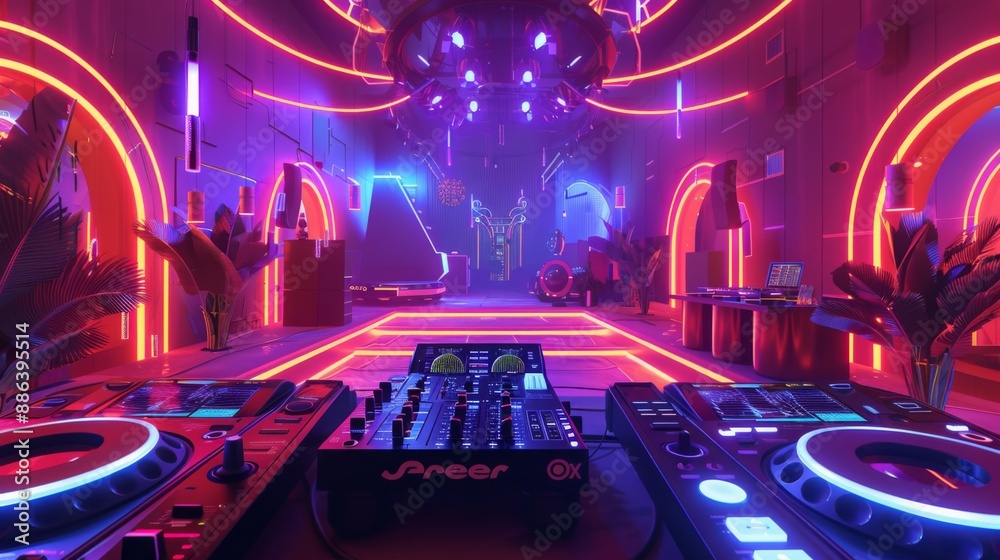 Poster a dj booth with turntables and a mixer is set up in a futuristic club with neon lighting and palm tr