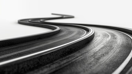 A serpentine road with multiple twists and turns, set against a stark white background, showing realistic asphalt texture.