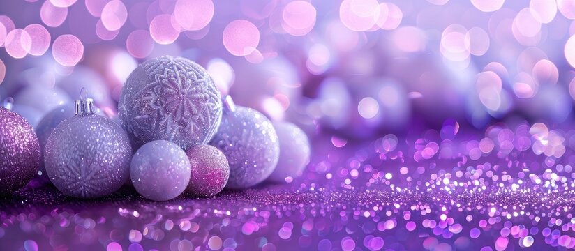 Purple sparkles felt Christmas background featuring white ball ornaments with ample copy space image for custom Christmas messages.