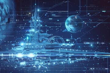 A futuristic spaceship floats in space, showcasing advanced technology and design, Digitally rendered blueprint drawing with a futuristic aesthetic