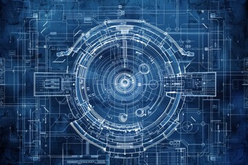 Blue background with a futuristic circular shape in the center, Digitally rendered blueprint drawing with a futuristic aesthetic