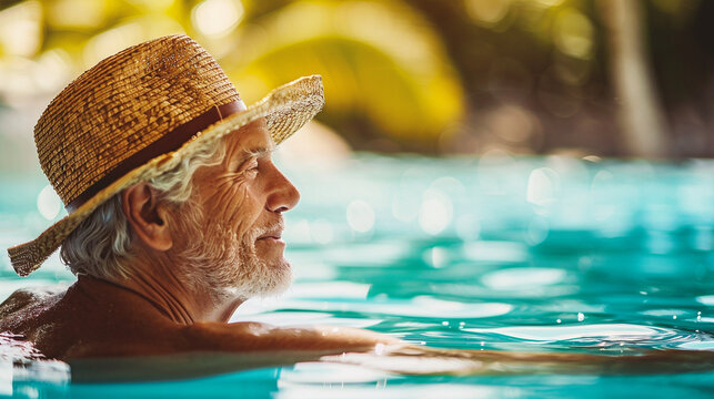 Portrait of happy senior man relaxing in swimming pool at tropical resort