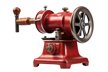 A Vintage Red Hand-Crank Meat Grinder, Ready To Grind on a White or Clear Surface PNG Transparent Background