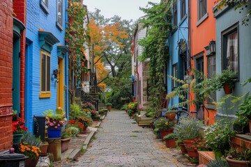 Fototapeta premium Colorful cobblestone street in Toronto, featuring historic architecture and bustling activity, Discovering hidden gems in a lively and colorful neighborhood