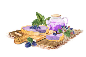 Blackberry pie, set with pie, blackberry tea, cake, piece of pie, hand drawn watercolor illustration of dessert with blackberries and green leaves and tea