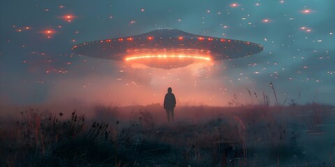 Close Encounter Alien Spaceship Hovers Over Man in Field at Night Abduction Story. Concept Sci-fi Fantasy, UFO Encounters, Alien Abduction, Night Skies, Mysterious Encounters