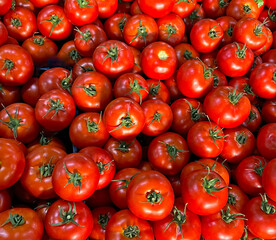 Red tomatoes on market table close-up, top view. Vitamin healthy food image. Fresh organic vegetables and tomatoes, Vegan raw food. Clean eating concept. 