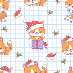 Seamless pattern with Christmas cartoon cat in Santa hat and gift box on white checkered background with holly. Vector illustration. Kids collection