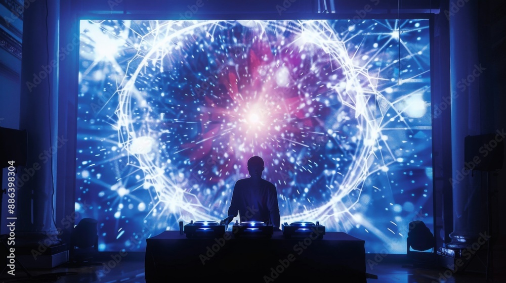 Aufkleber A DJ stands in silhouette in front of a large projection screen displaying a colorful and abstract design.