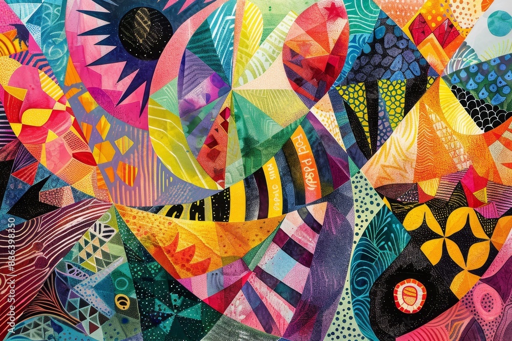 Poster a lively abstract painting filled with a plethora of colorful shapes and patterns, display a variety