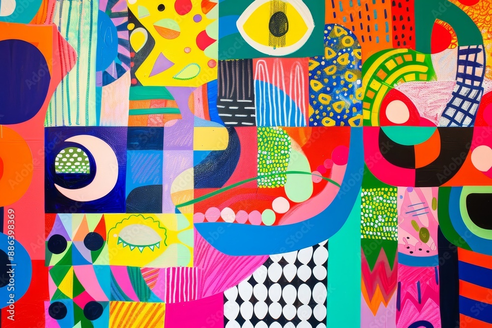 Poster an abstract painting featuring bright colors and various shapes creating a dynamic visual impact, di