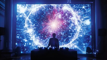 A DJ stands in silhouette in front of a large projection screen displaying a colorful and abstract design.