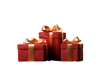 Three Red Gift Boxes With Gold Ribbon Bows Against A White Background on a White or Clear Surface PNG Transparent Background