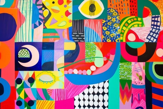 An abstract painting featuring bright colors and various shapes creating a dynamic visual impact, Display a variety of colorful shapes and patterns overlapping each other