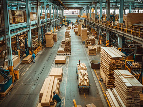 Woodworking Factory Workers Moving Lumber Stacks in Industrial Facility