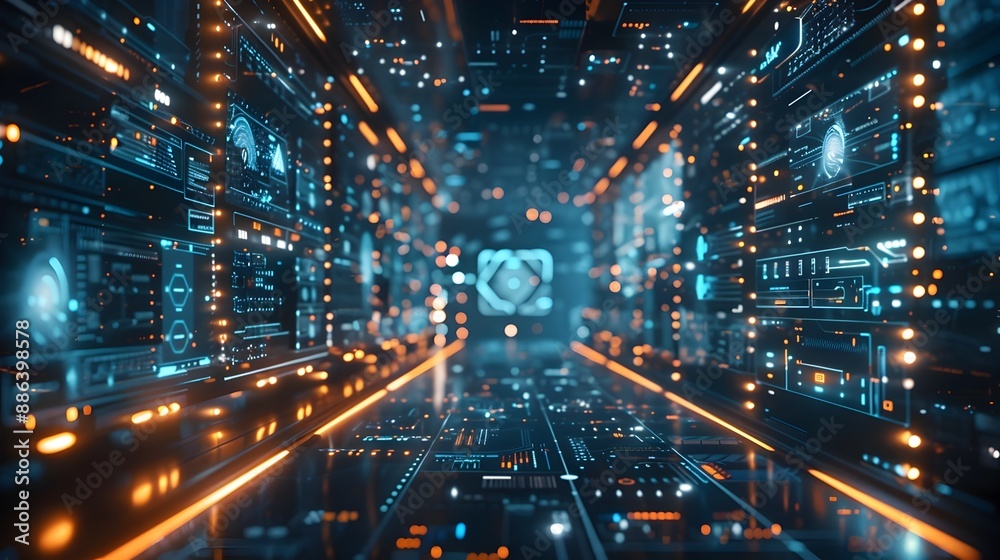 Aufkleber futuristic tech startup workspace with holographic interfaces and virtual networking protocols