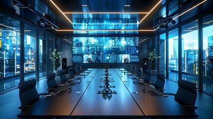 High Tech Business Conference Room with Immersive Video Conferencing and Collaborative Digital Tools