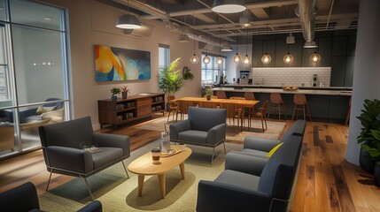 A sophisticated startup lounge area with modern decor, a communal table for brainstorming sessions, and a coffee station in the corner.