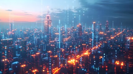 Fototapeta premium Futuristic Interconnected Smart City Skyline with Glowing Business Hubs and Digital Communication Technology