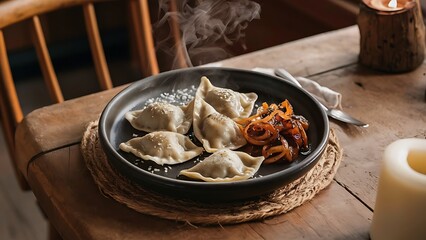 Pierogi or pyrohy, varenyky, vareniki, dumplings served with caramelized salted onion in bowl on wooden table