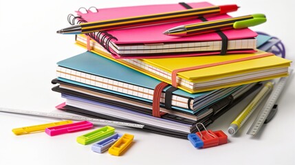 A stack of notebooks with pens, a ruler, and sticky notes on a clean white background, providing a fresh and organized look for back to school.