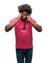 Afro american man over isolated background with hand on head for pain in head because stress. Suffering migraine.