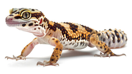 Closeup of isolated white leopard gecko lizard with bright yellow eye on white background