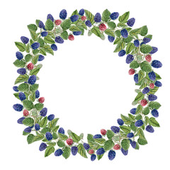 Frame of berries and blackberry leaves, watercolor illustration of blackberries, hand drawing. For design of cards, labels and other printed materials.