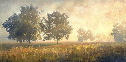 Misty Morning Meadow With Trees
