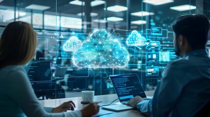 A high tech office with a team discussing cloud computing strategies on digital whiteboards showcasing seamless and connectivity for business