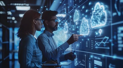 Collaborative High Tech Team Discusses Cloud Computing Strategies on Digital Whiteboards for Seamless Connectivity and Business Innovation