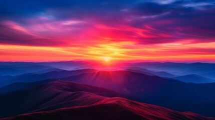 A stunning sunset over a minimalist mountain range, with the sky painted in vivid hues of orange, pink, and purple.