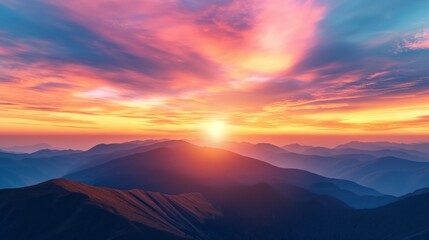Obraz premium A stunning sunset over a minimalist mountain range, with the sky painted in vivid hues of orange, pink, and purple.