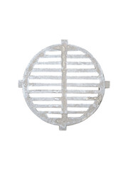 Old worn drainage grate cast iron manhole cover isolated, top view.