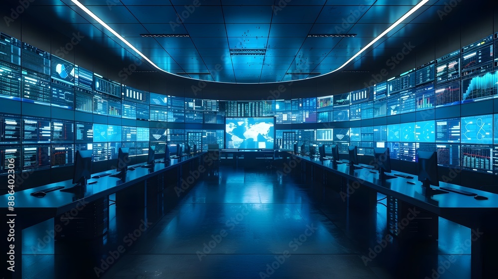 Poster sleek control room with real time network monitoring and digital communication management for effici