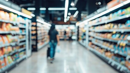 Blurred grocery shop aisle with products on shelves.