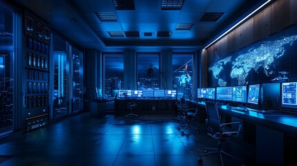 Sleek Futuristic Control Room Emphasizing Efficiency and Security in Digital Communication Management