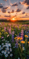 Fototapeta premium Native prairie restoration, wildflowers, sunset, bird's-eye view, biodiversity increase, vibrant colors, wide-angle shot