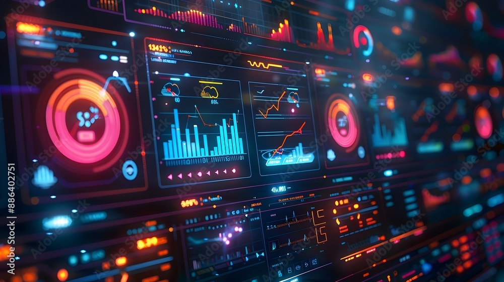 Poster interactive digital dashboard displaying real time business communication metrics and data analytics