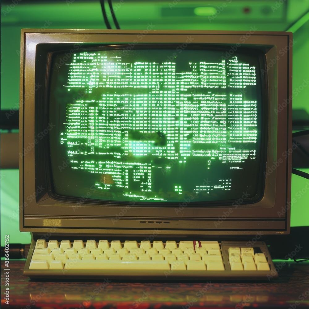 Wall mural old personal computer showing green code on screen