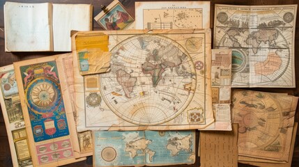 Vintage World Maps and Charts on Wooden Table.