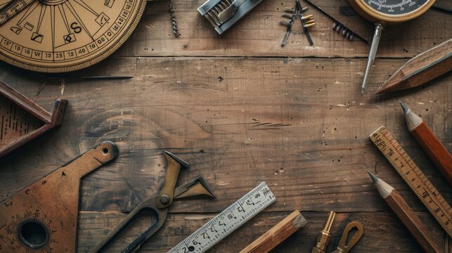 Vintage Tools and Measuring Devices on a Wooden Table.