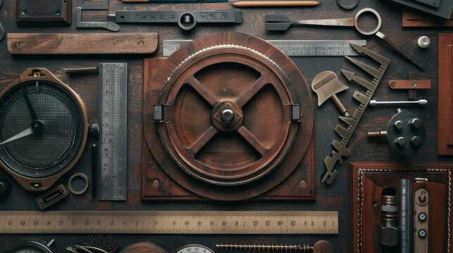 Vintage Tools and Measuring Instruments on Wooden Background.